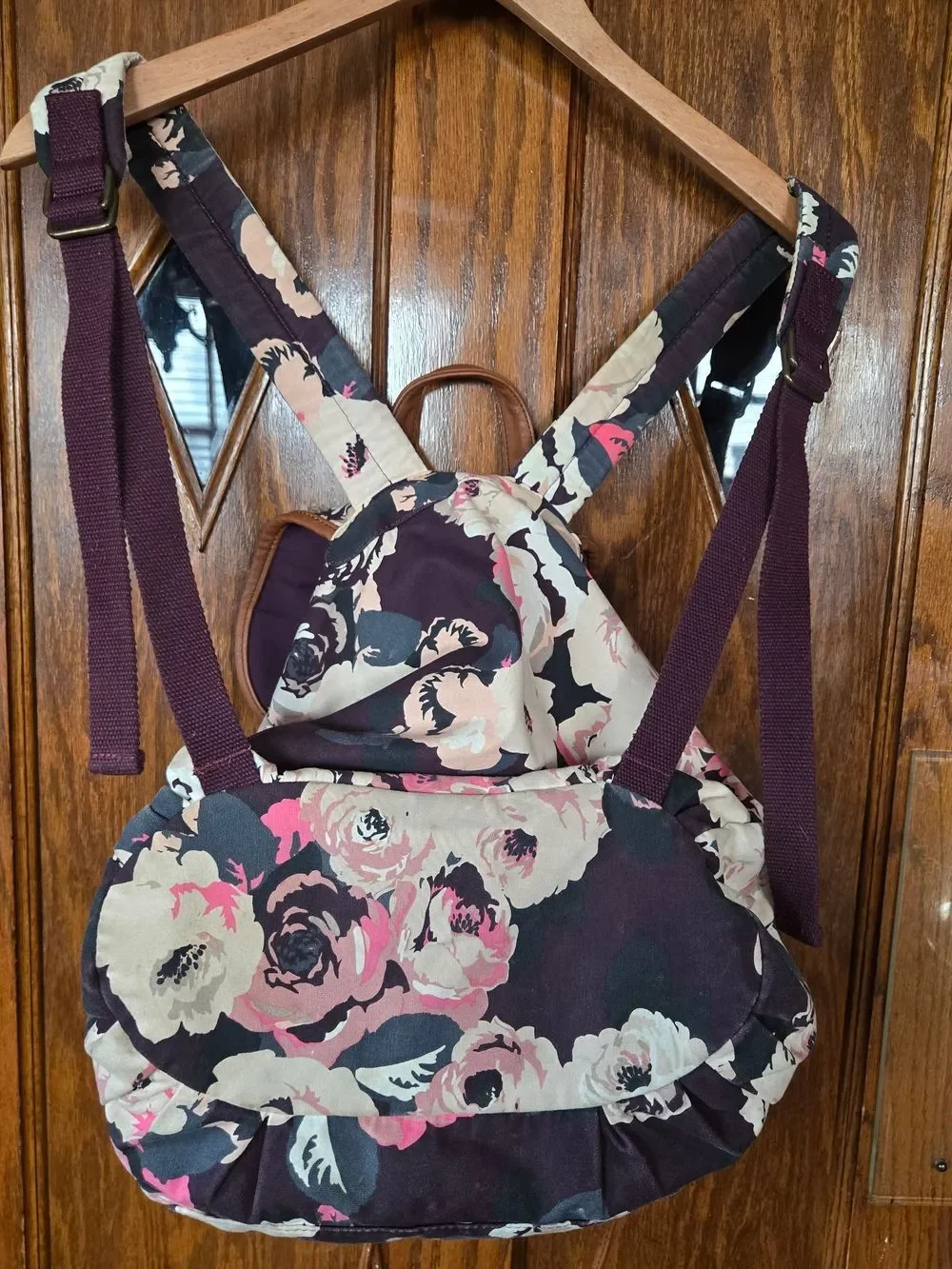 American Eagle Floral Canvas Drawstring Backpack with Pink & Cream Blooms